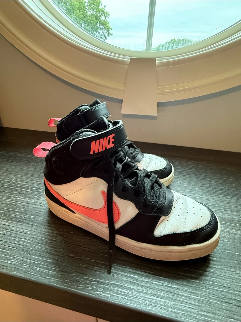 Nike Court Borough Mid 2 high-top sneakers in black, white and Sunset Pulse pink